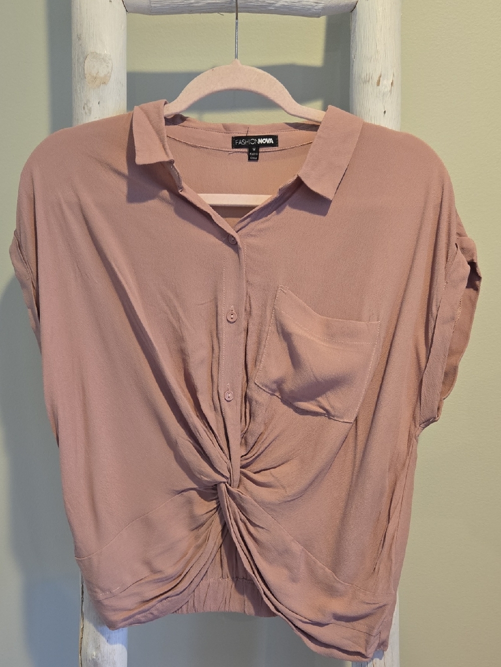 Fashion Nova Mauve Twist-Front Button Down Shirt Medium Short Sleeve